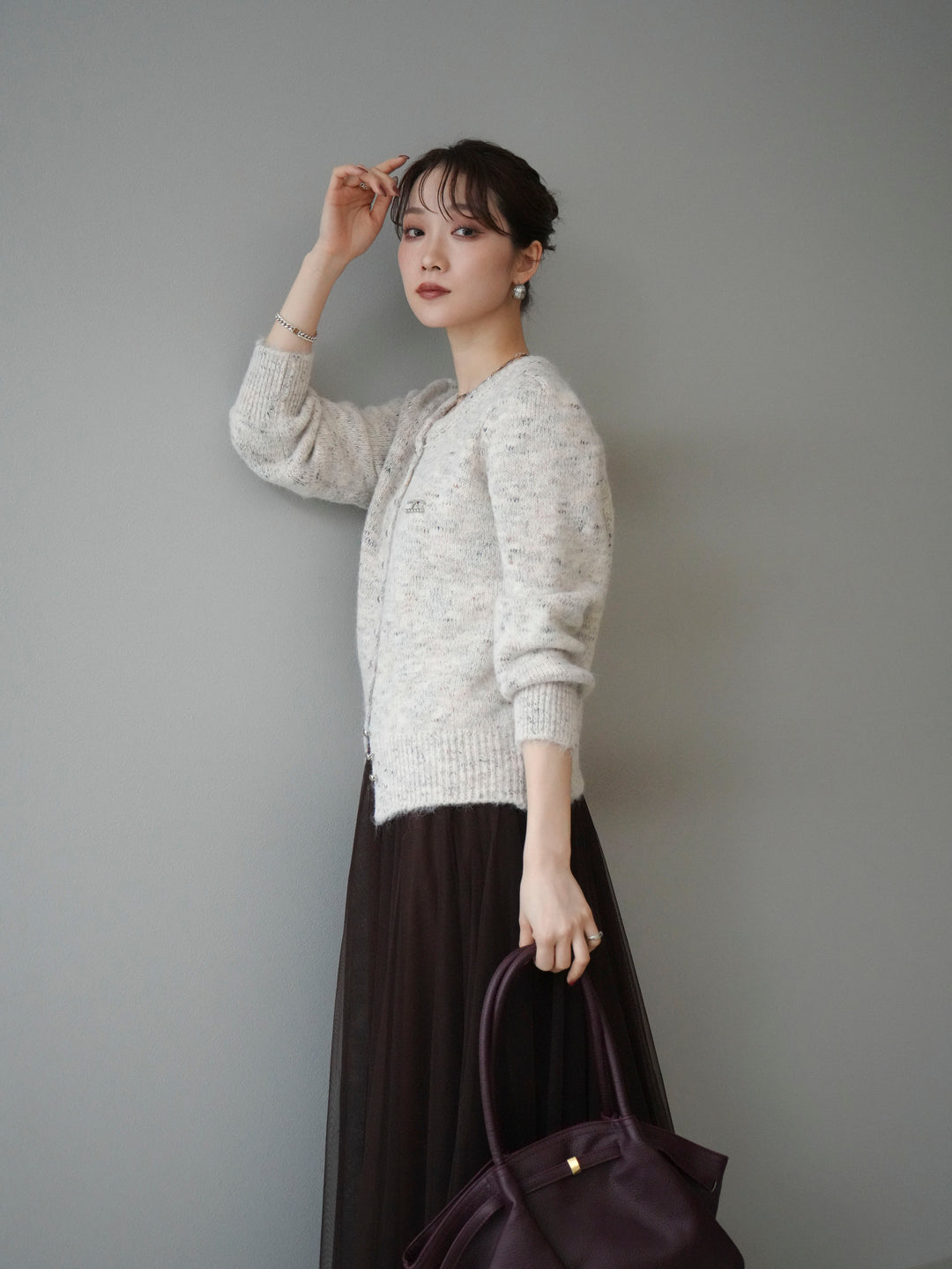 [SET]ブローチ付silverボタンミックスニットカーディガン+チュールボリュームスカート(2set)