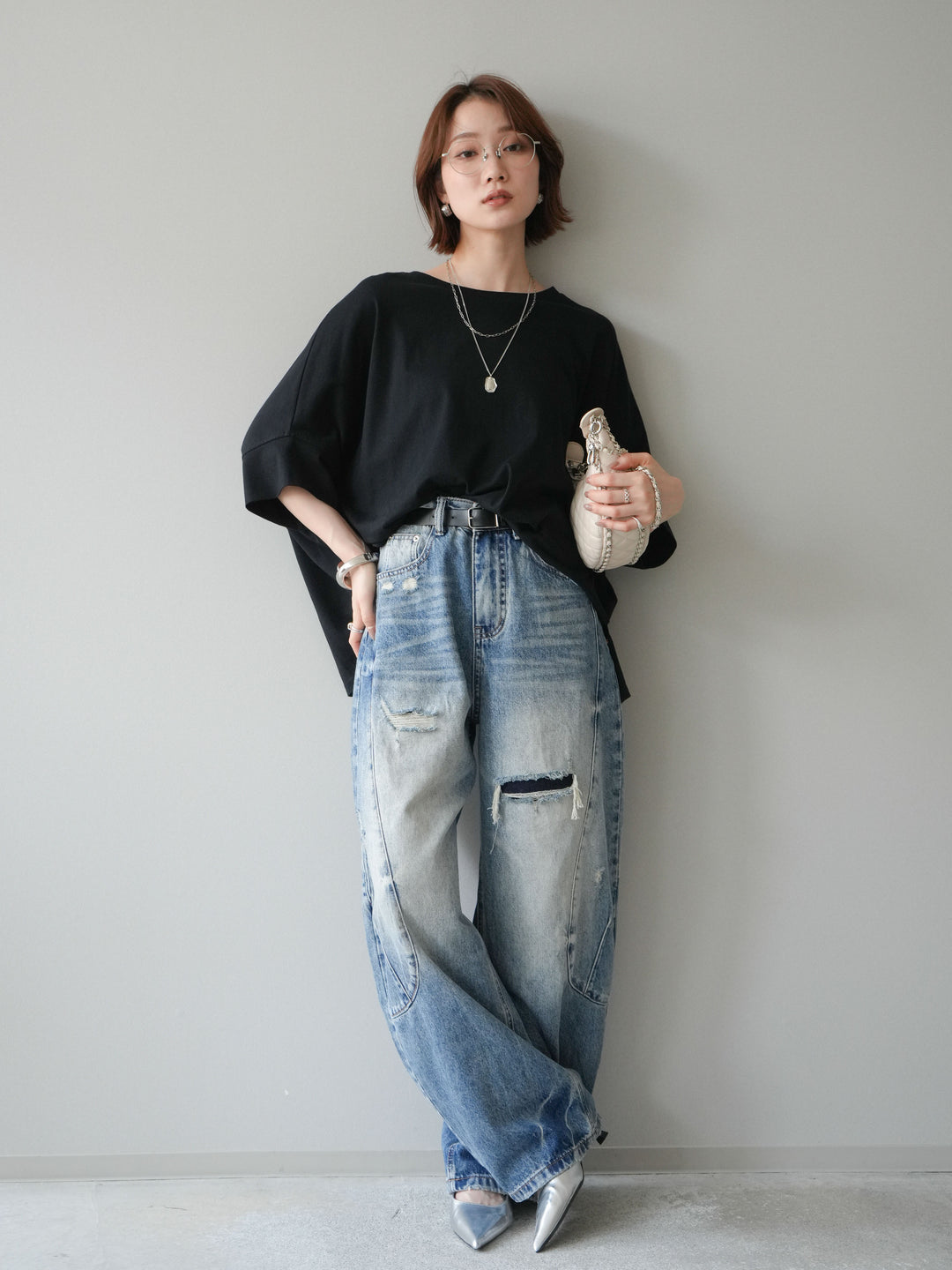 [SET]ドルマンワイドフレアトップス+ダメージカーブワイドデニムパンツ(2set)