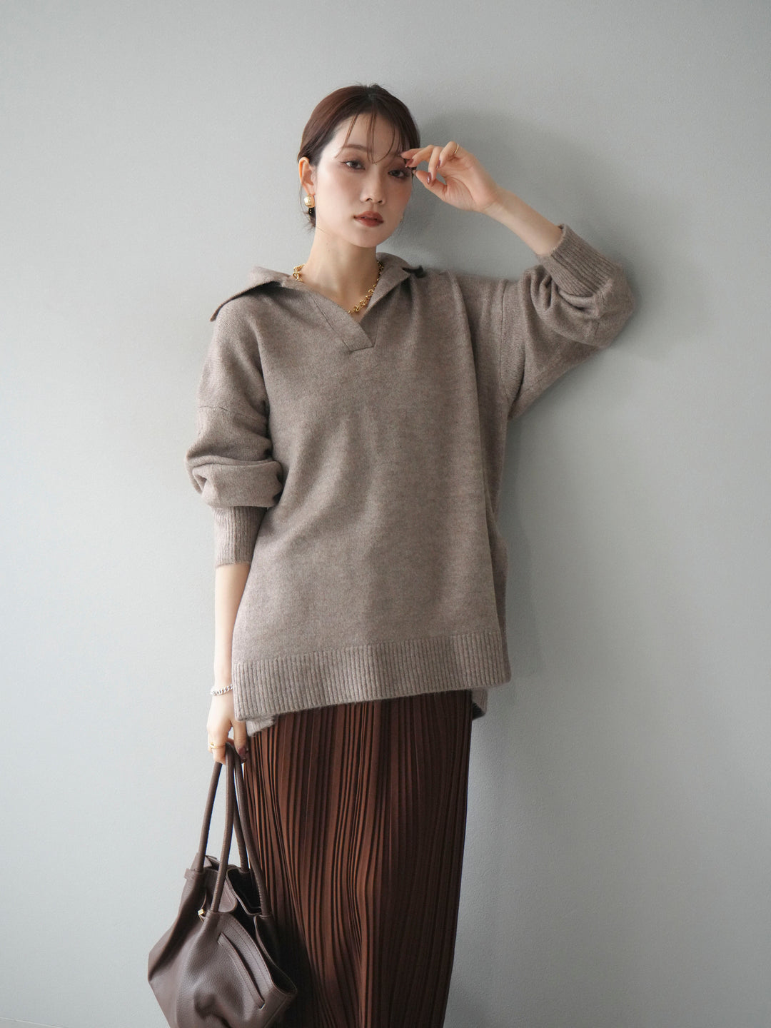 [予約]スキッパーオーバーニットプルオーバー/greige