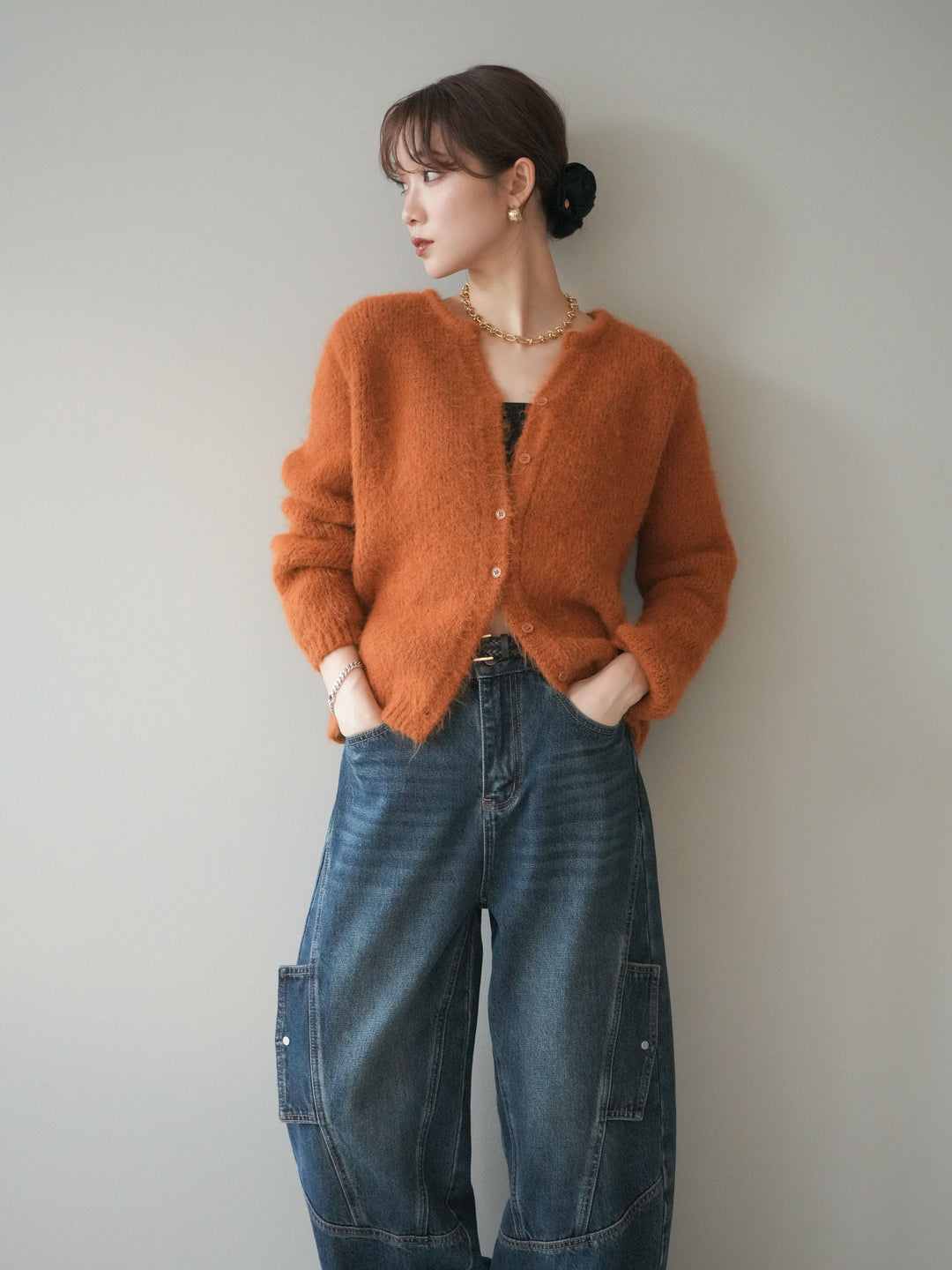 [予約]キーネックシャギーニットカーディガン/camel