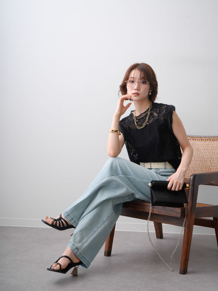 [予約]スカラップヘムレーストップス/black