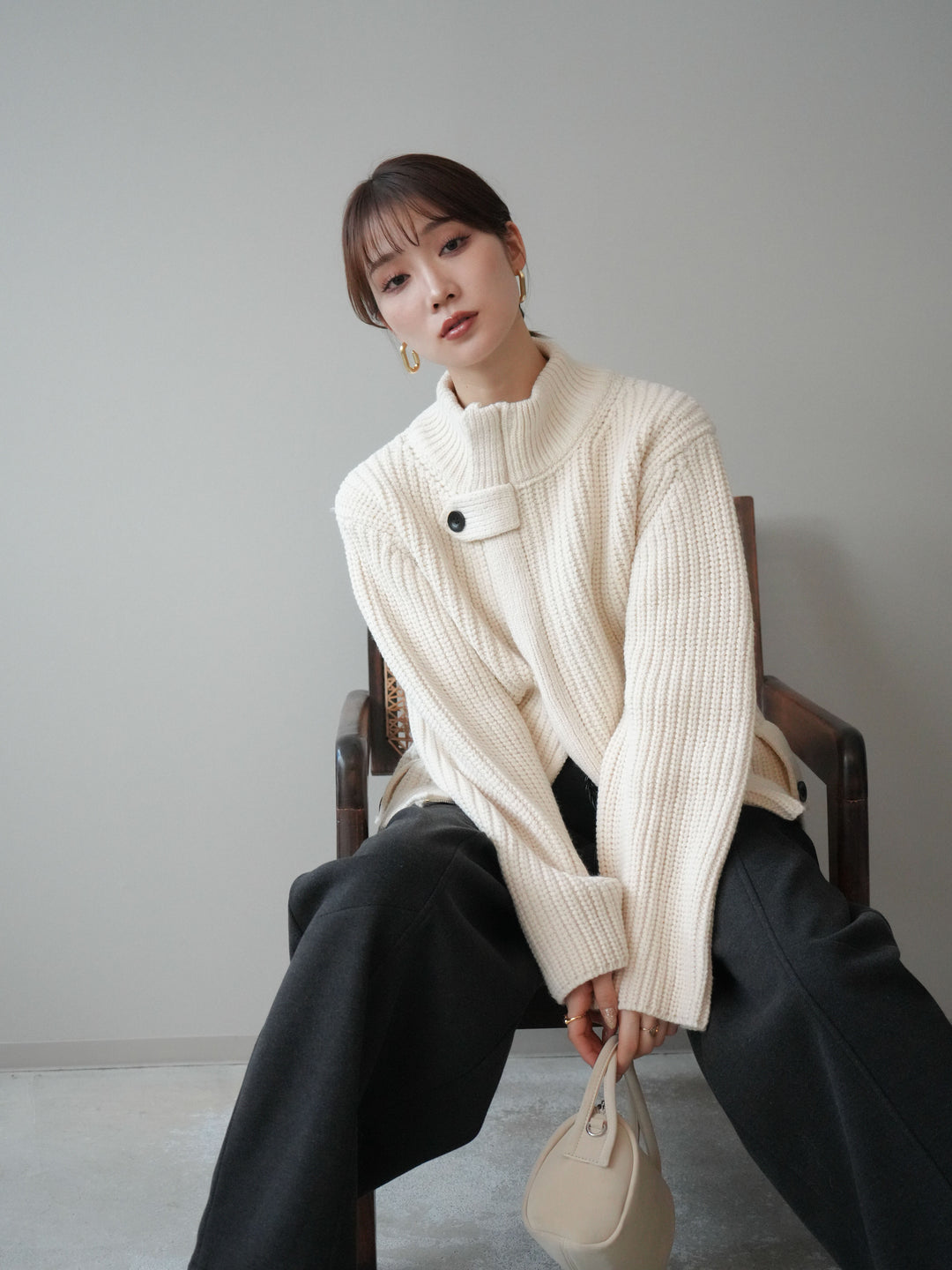 [SET]畦編みボトルネックZIPニットカーディガン+選べるアクセセット(2set)