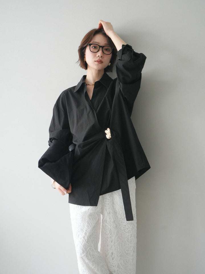 [SET]メタルパーツドレープシャツ+シアーコードレースイージーパンツ(2set)