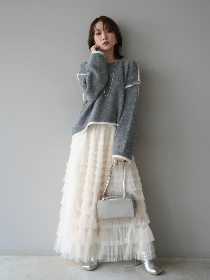 [SET]バイカラーレイヤードデザインニットプルオーバー+チュールティアードスカート(2set)