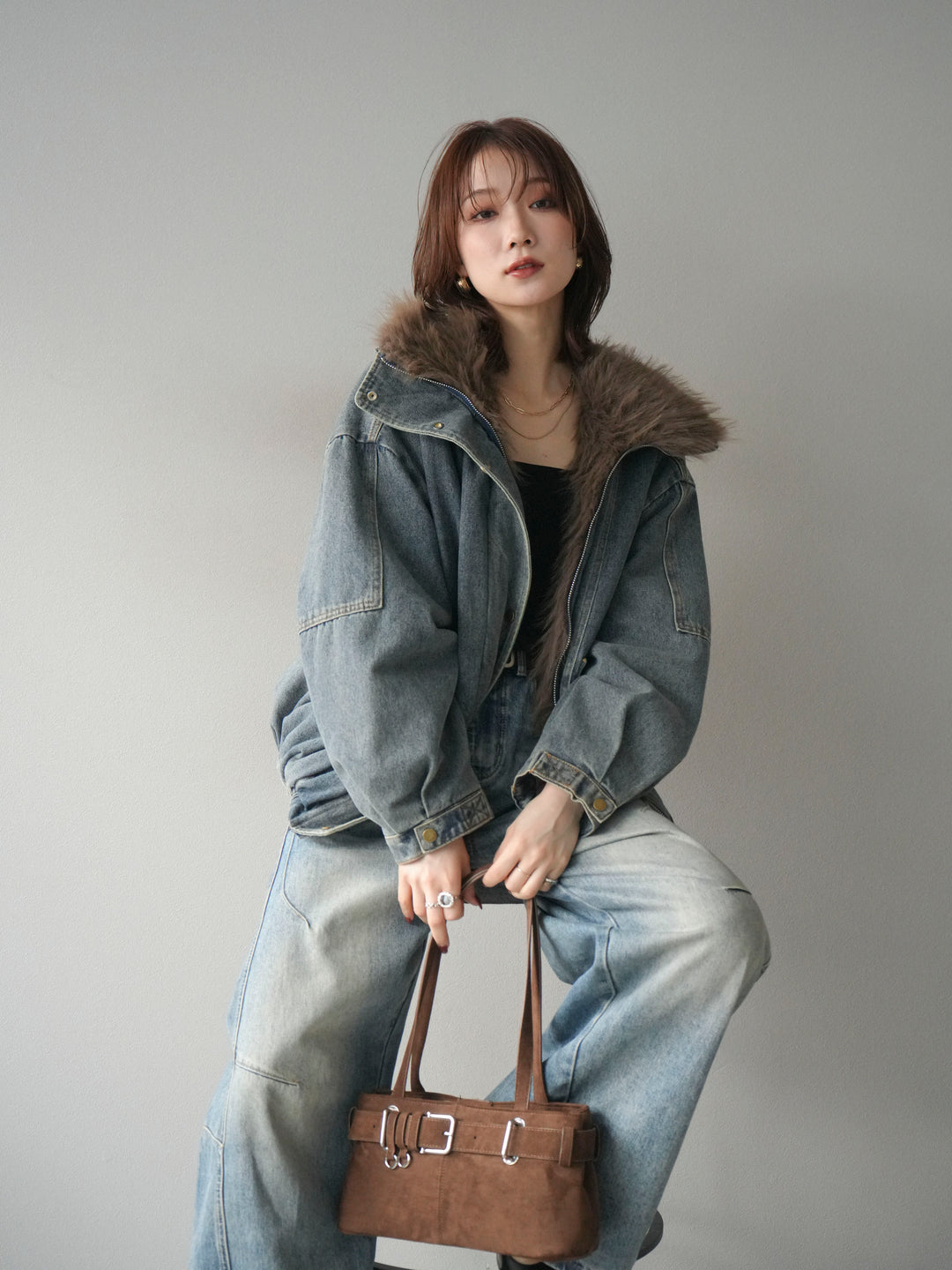 [予約]デニムxファーブルゾン/denimbrown