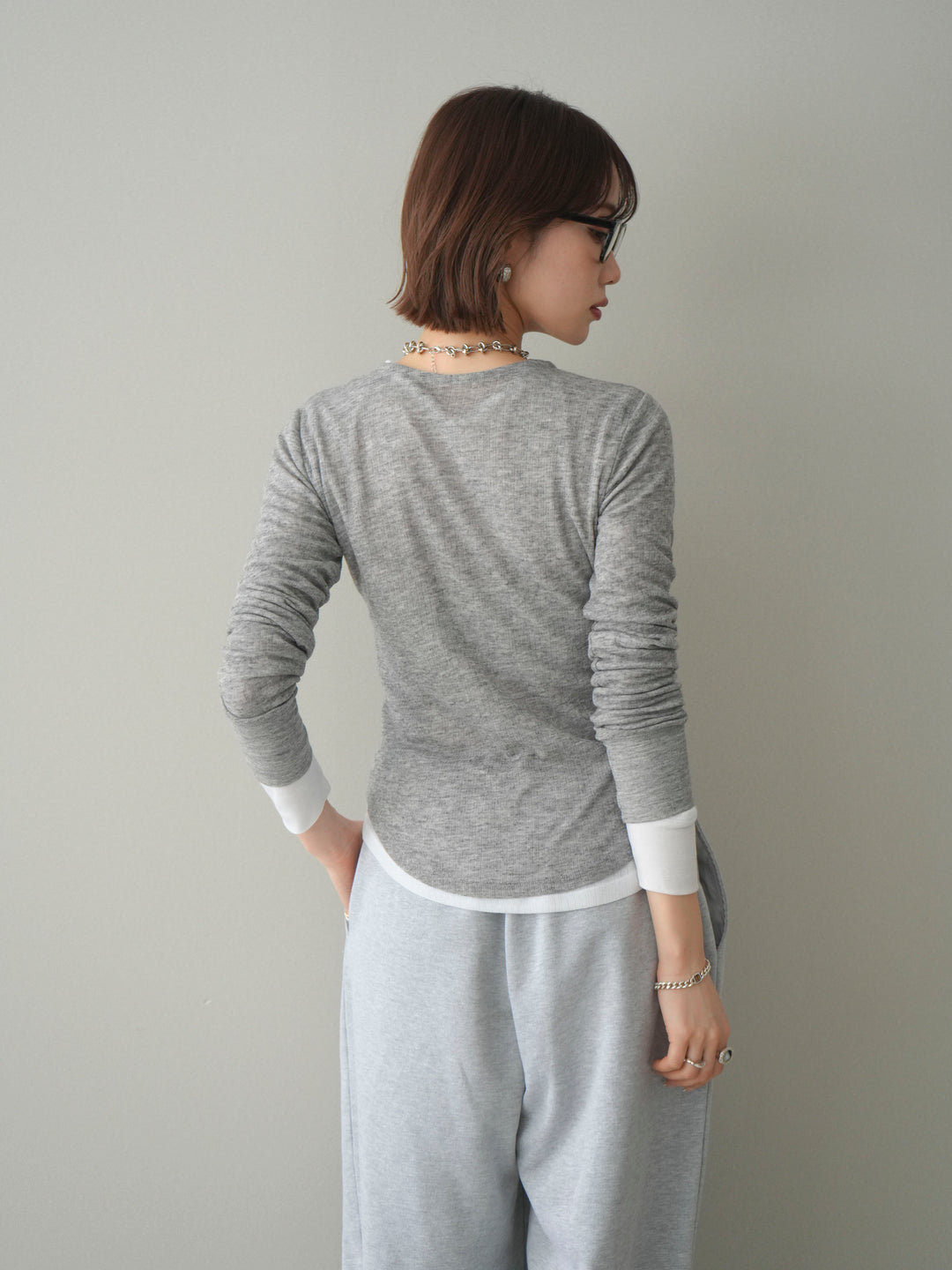 [予約]シアーリブヘンリーネックロンT/gray