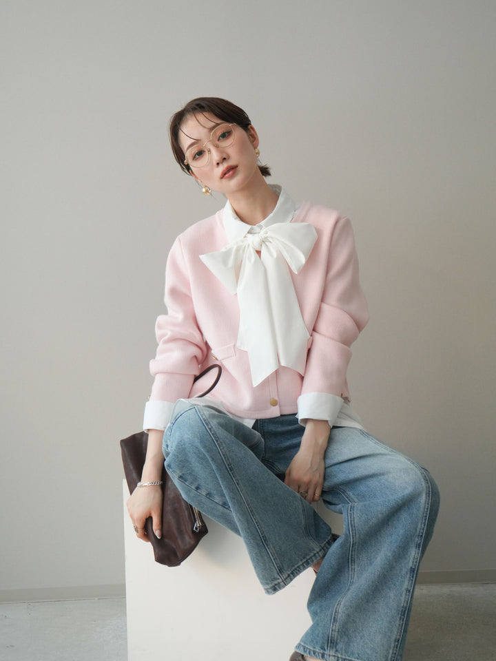 [予約]ゴールドボタンノーカラーニットジャケット/pink