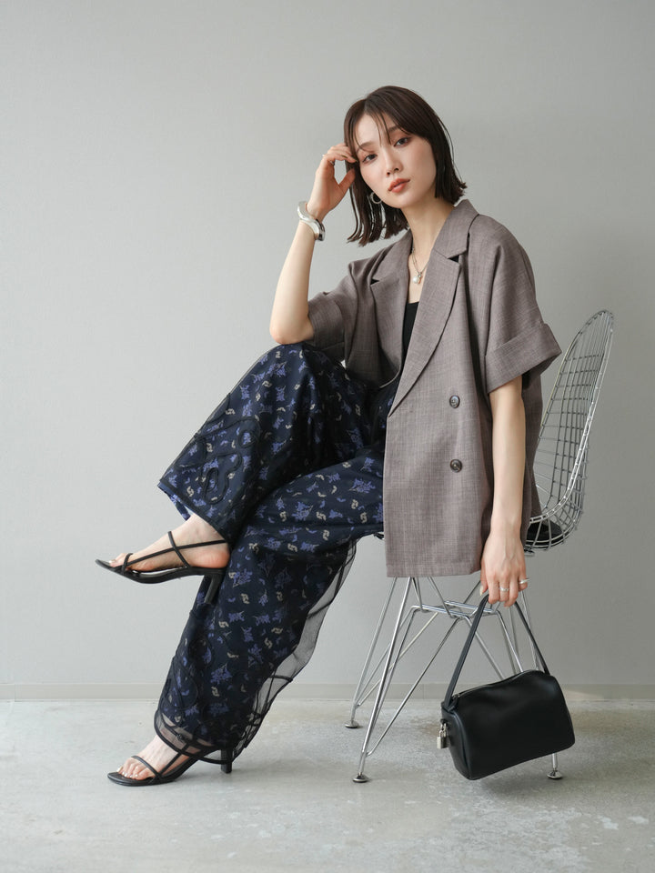 [SET]リネンライクハーフテーラードジャケット+コード刺繍チュールレイヤードパンツ(2set)