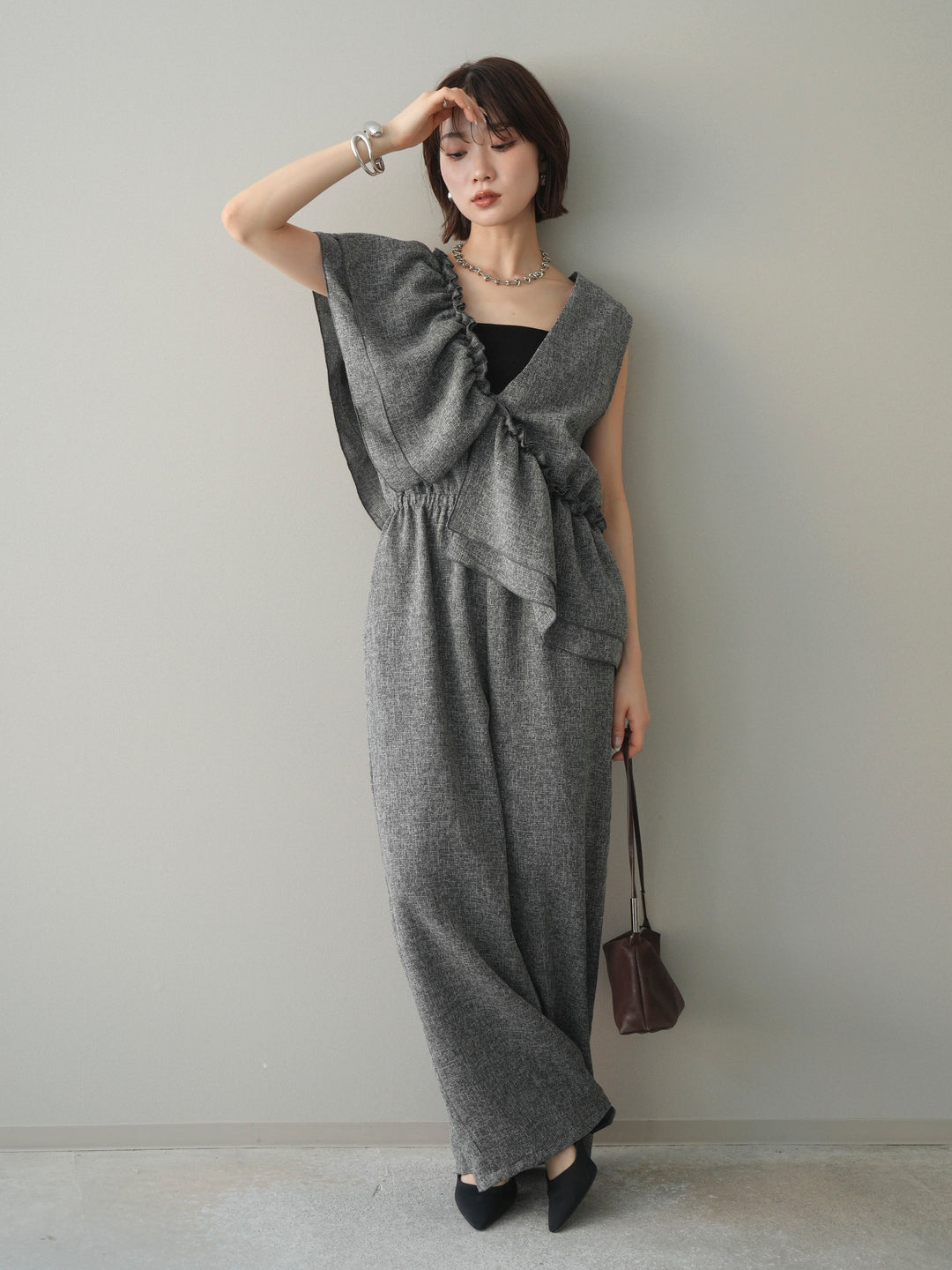 [SET]3WAYミックスツイードギャザーオールインワン+選べるアクセセット(2set)