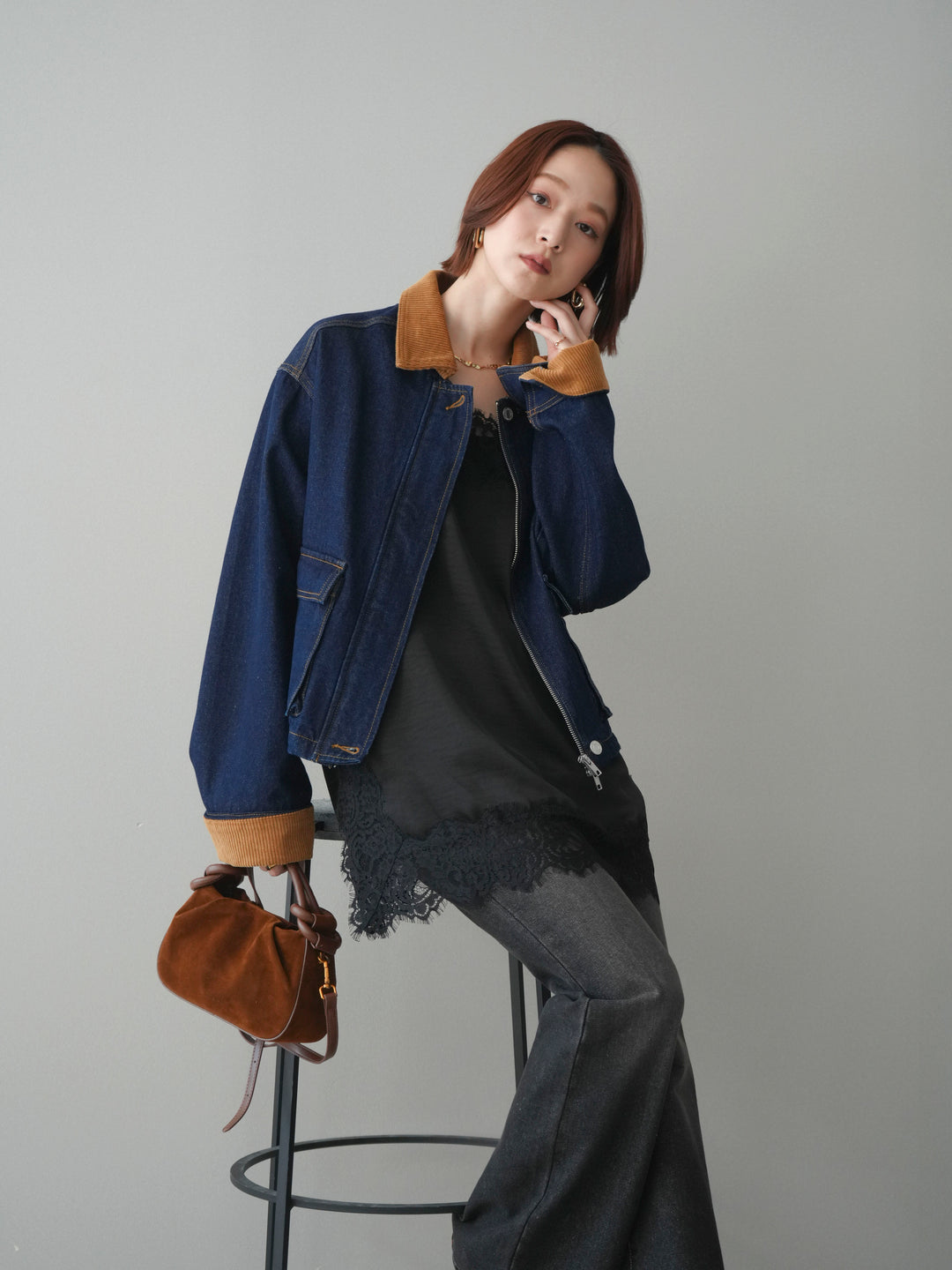 [予約]コーデュロイ×デニムショートカバーオール/indigo