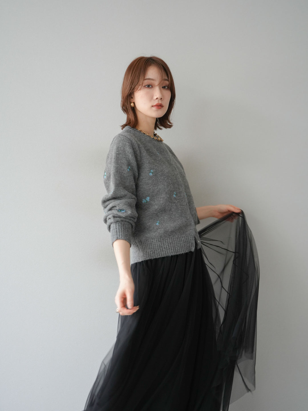 [SET]フラワー刺繍ニットカーディガン+チュールボリュームスカート(2set)