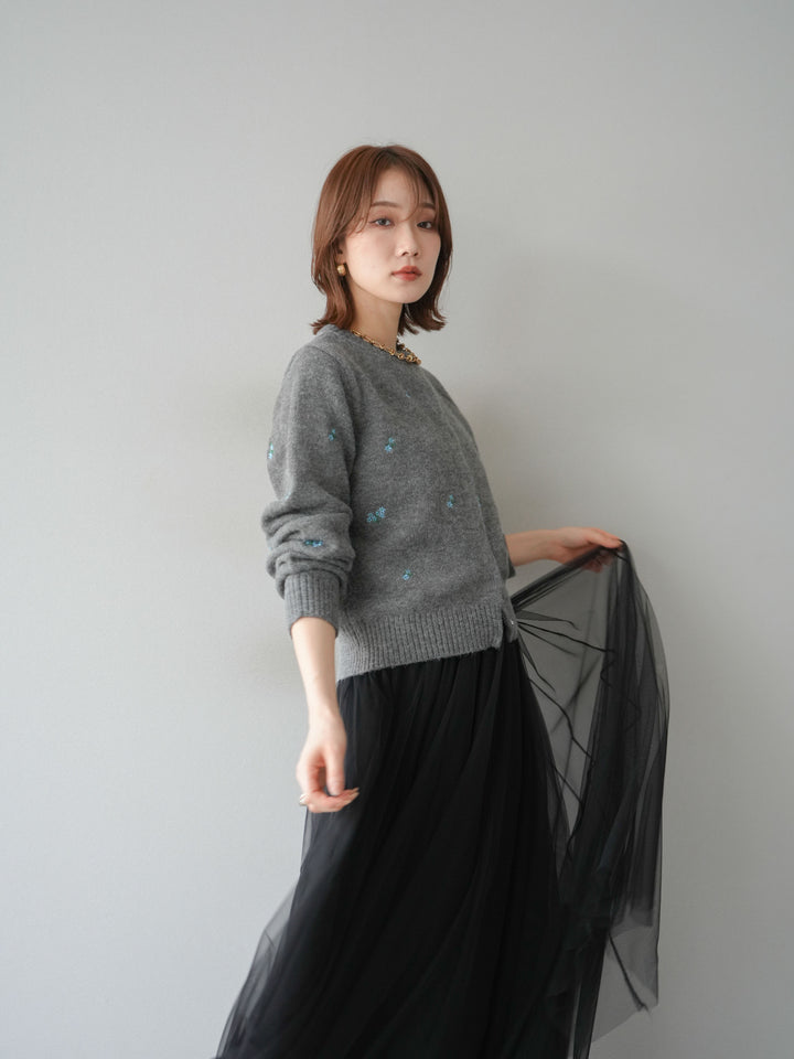 [SET]フラワー刺繍ニットカーディガン+チュールボリュームスカート(2set)