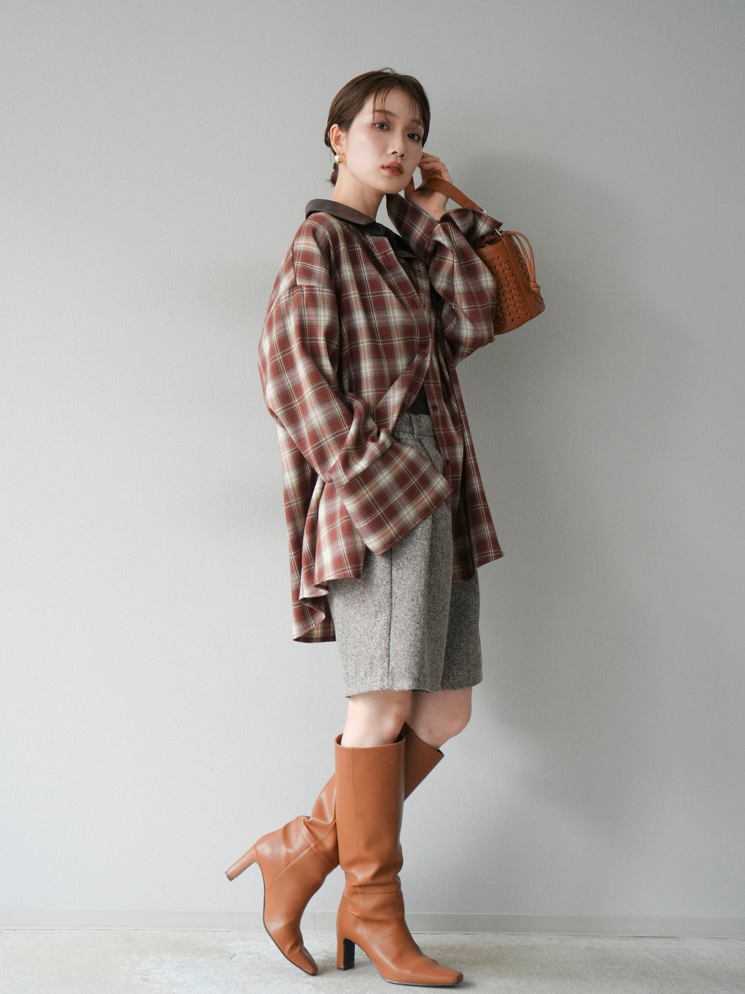 【着回しセット】[SET]レザー襟オンブレチェックオーバーシャツ +クラッシュベロアナロースカート+ツイードハーフパンツ(3set)