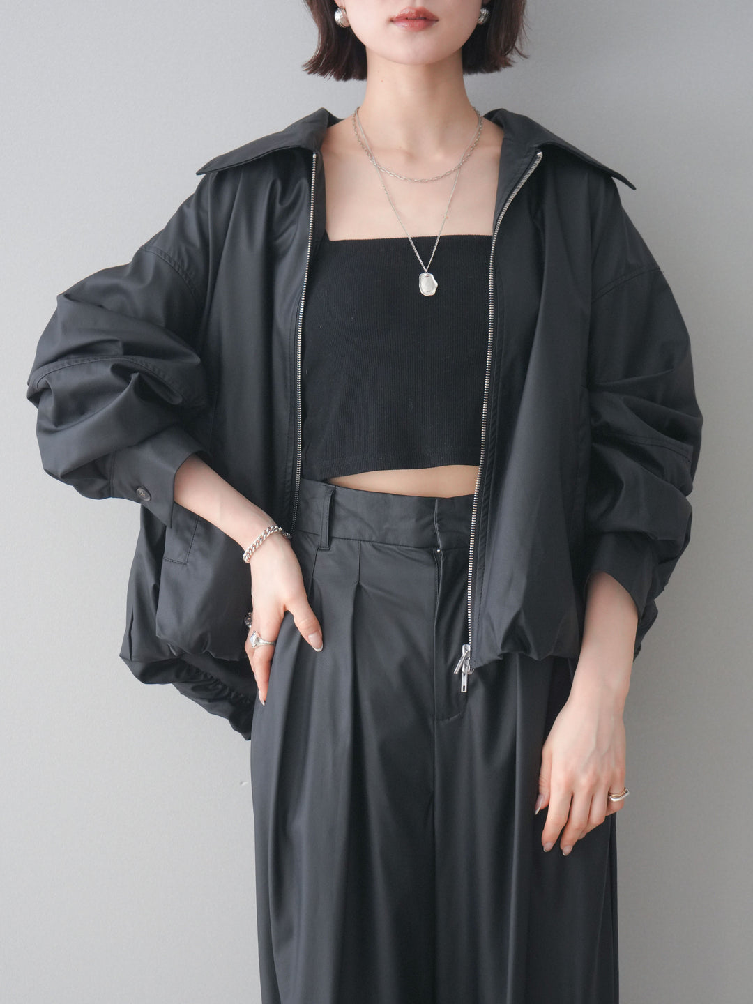 [予約]ウォッシャブルフェイクレザーバルーンジャケット/black