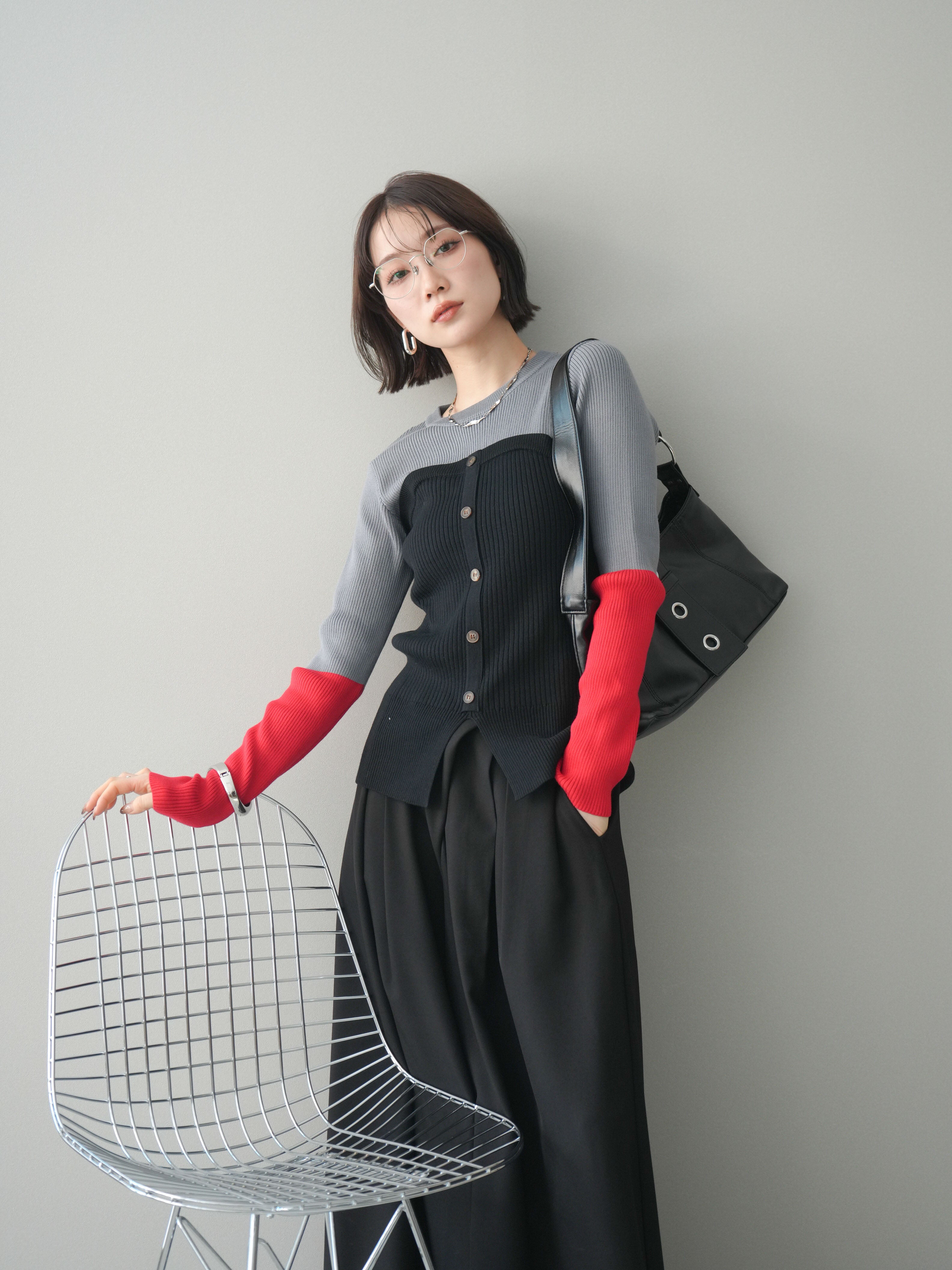 予約]配色ビスチェドッキングリブニットトップス/gray – Lumier