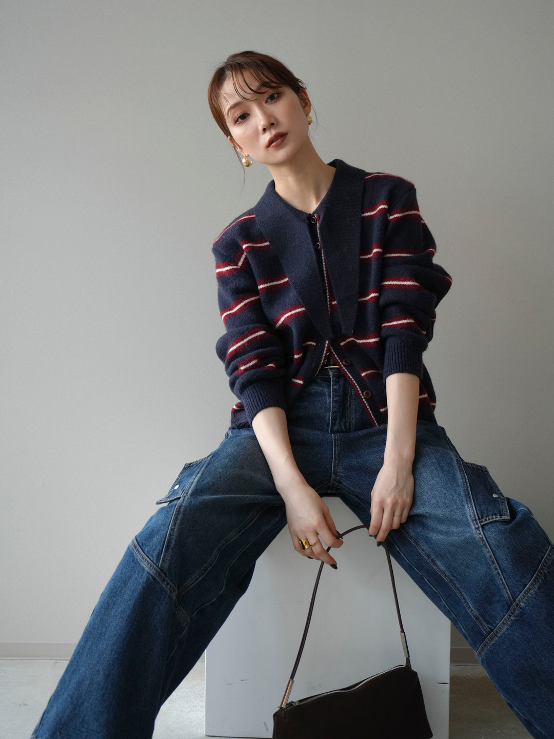 [予約]ボウタイボーダーニットカーディガン/navy