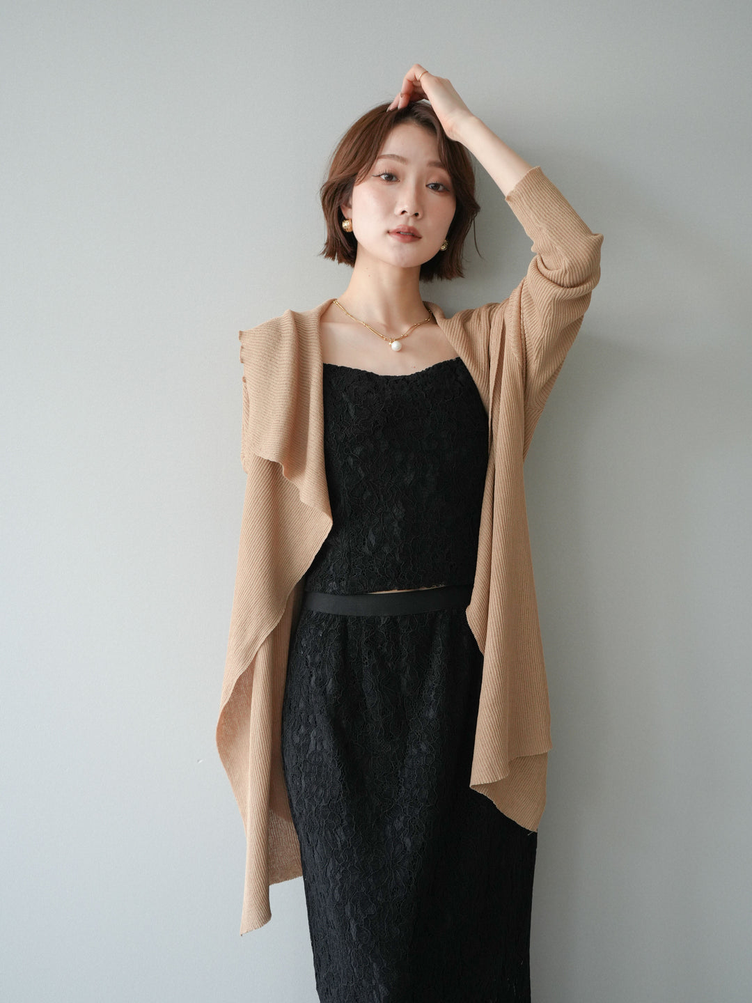 [SET]ドレープリブニットガウン+フルレースキャミ＆IラインスカートSET UP(2set)