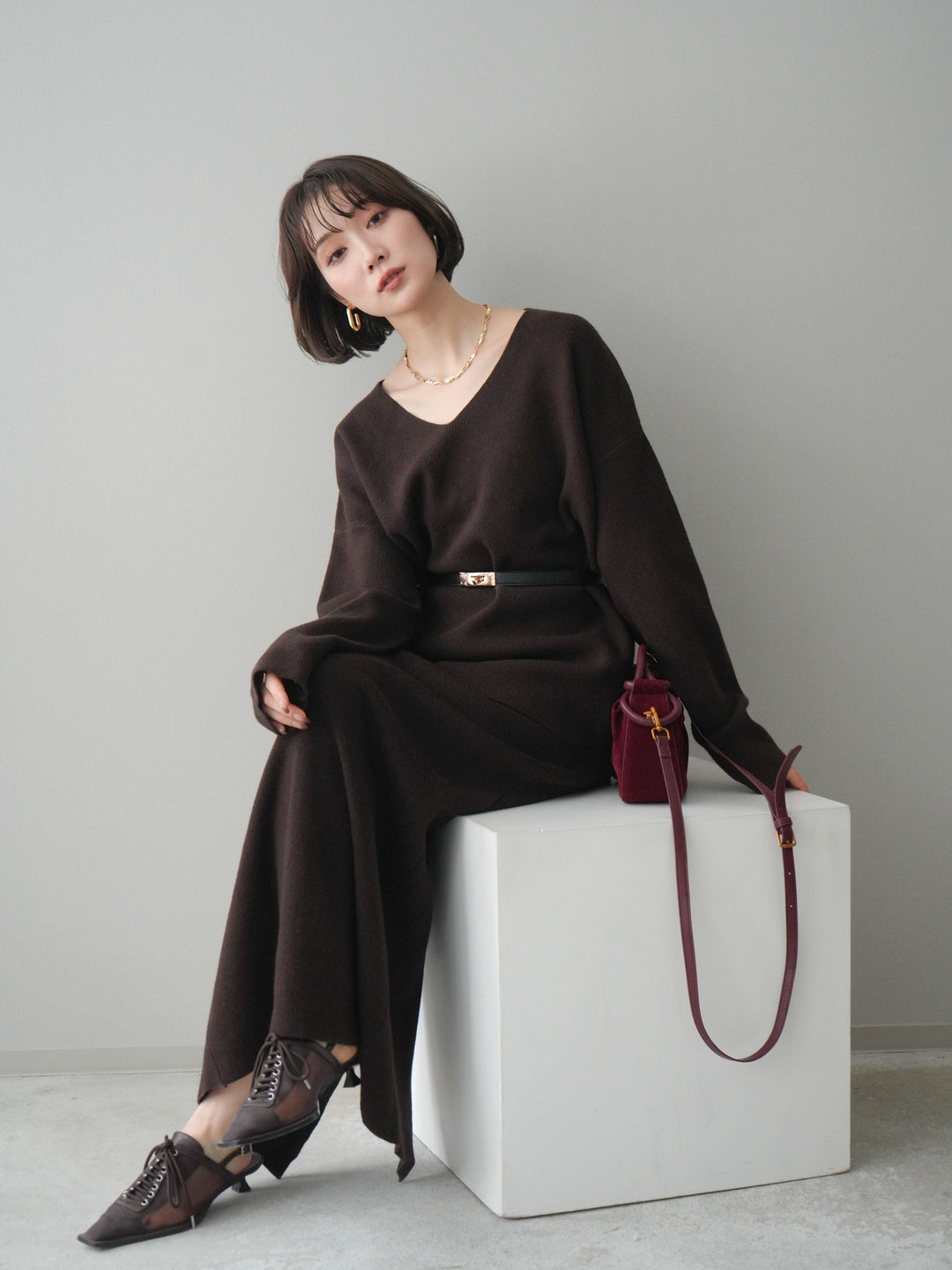 [SET]ベルト付Vネックニット＆スカートSET UP+選べるアクセセット(2set)