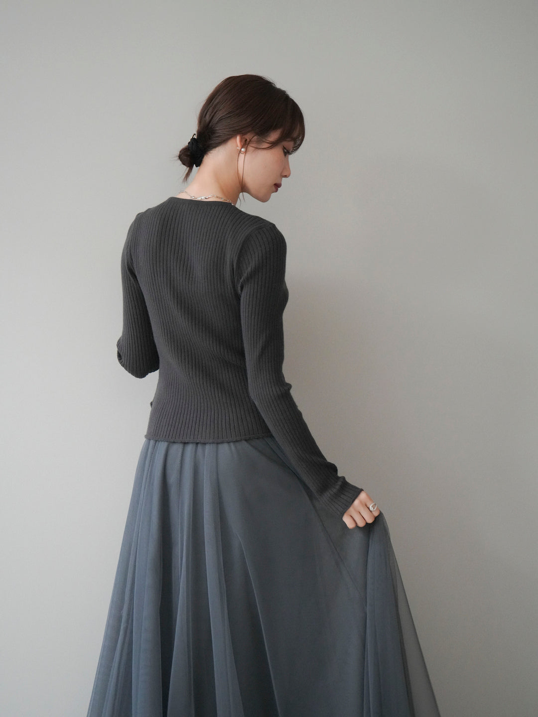 [予約]配色レイヤードリブニットカーディガン/charcoal