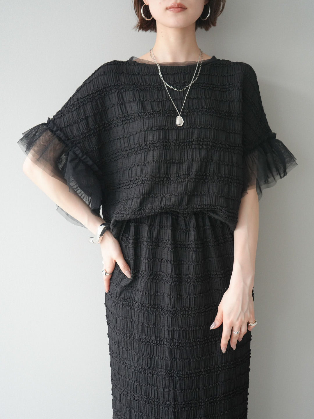 [SET]チュール袖リップルトップス+リップルIラインスカート(2set)