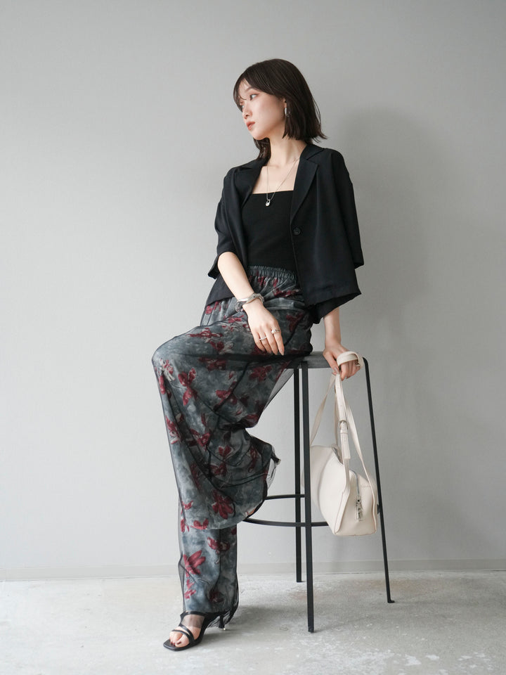 [SET]ハーフショートジャケット+フラワープリントチュールレイヤードパンツ(2set)