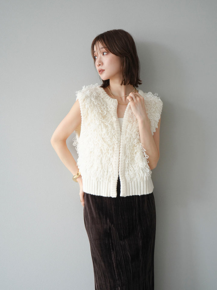 [SET]レザー襟オンブレチェックオーバーシャツ +ループデザインホックベスト +クラッシュベロアナロースカート(3set)