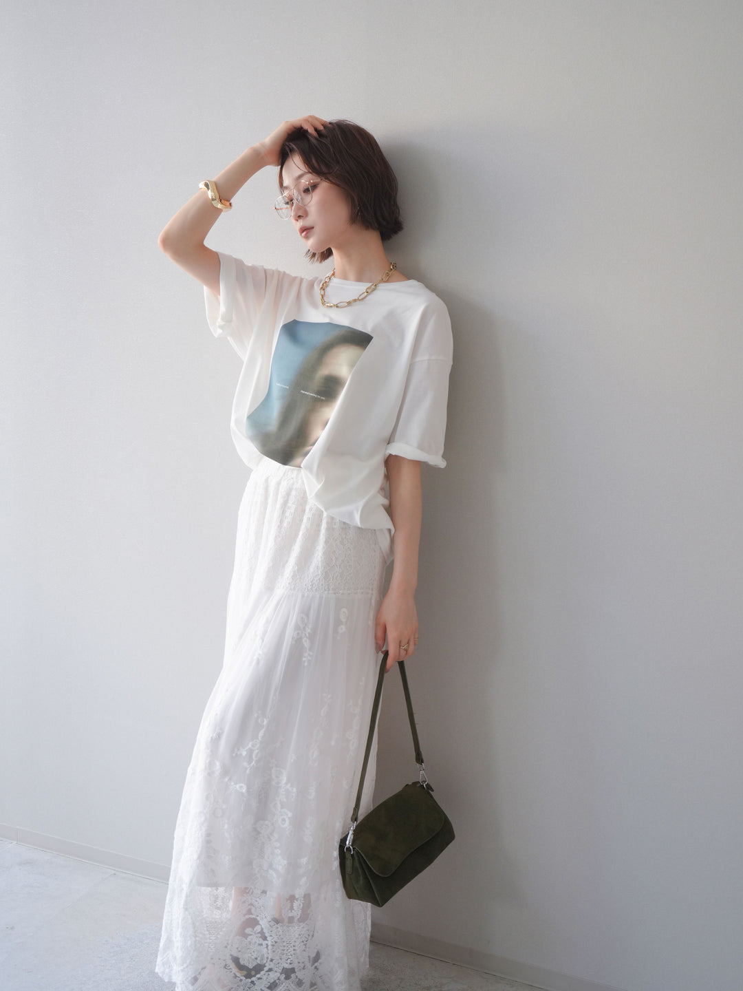 [SET]ブラーアートフォトTシャツ+シアーレースマキシスカート(2set)