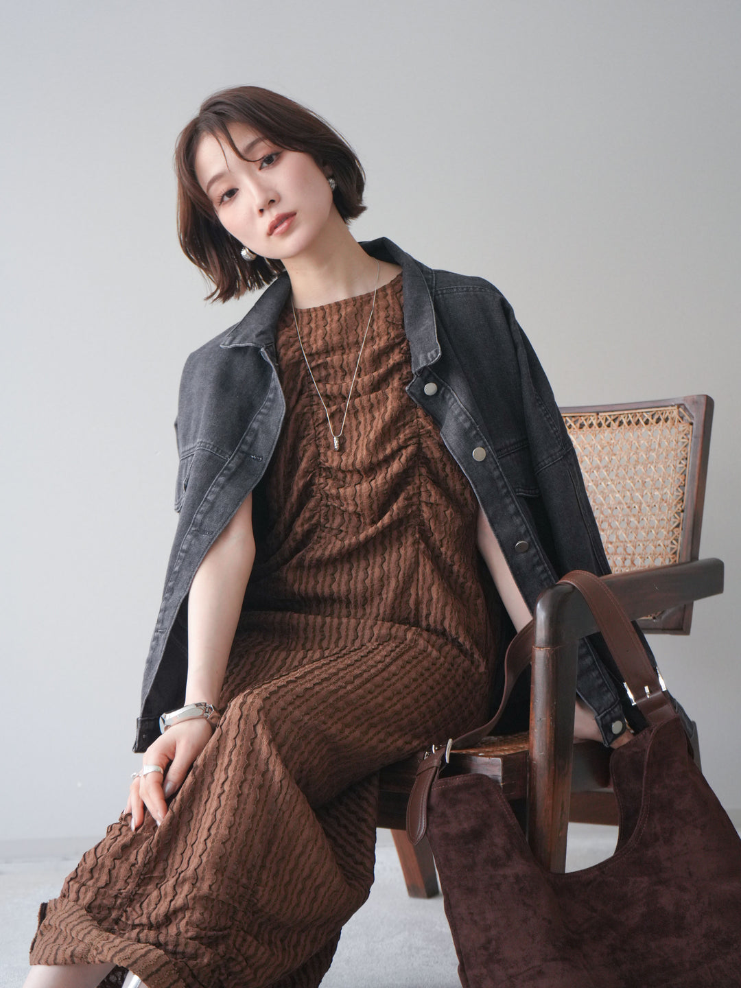 [予約]シャーリングジャガードノースリーブワンピース/brown