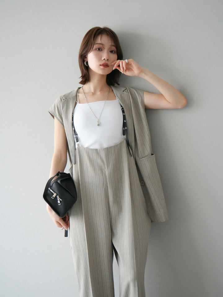 【着回しセット】[SET]ヘリンボーンストライプジレ+シアー切替ベロアトップス+ヘリンボーンストライプサロペット(3set)