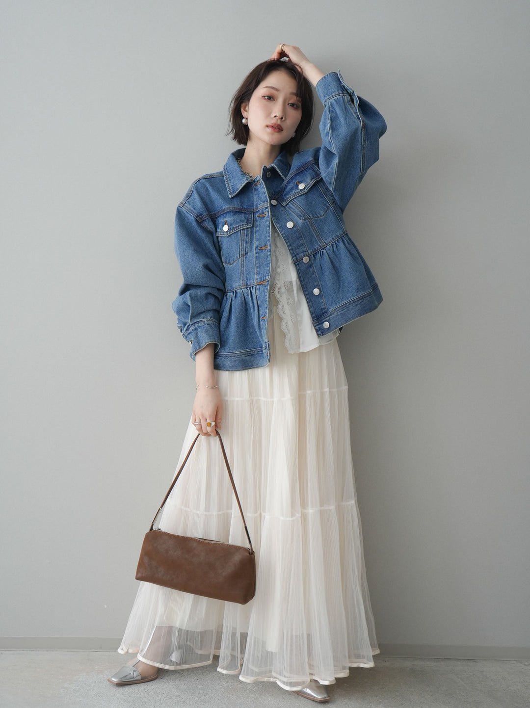 [予約]ラメプリーツレイヤードチュールロングスカート/ivory