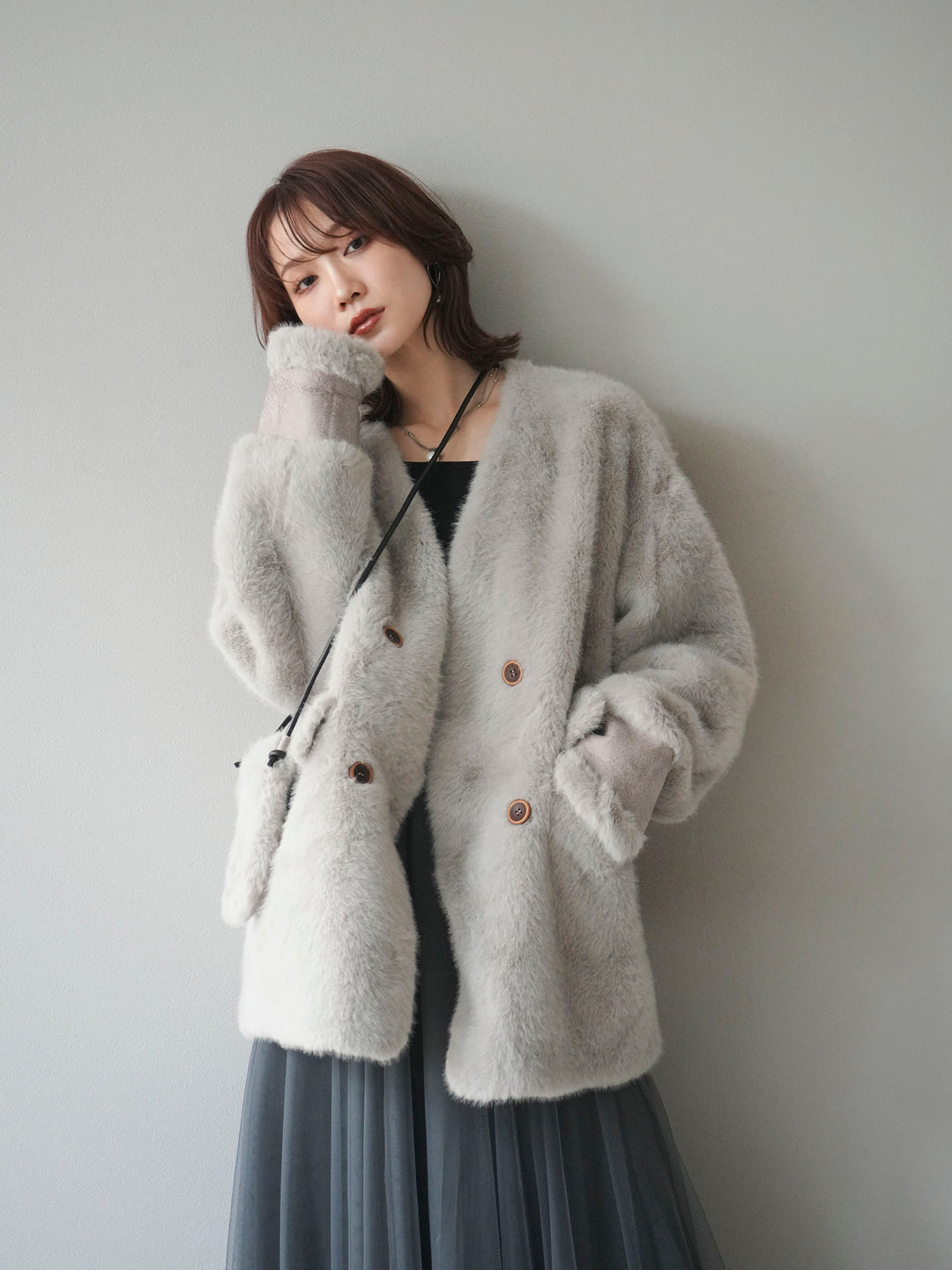 [SET]バッグ付エコファーノーカラーコート+チュールボリュームスカート(2set)