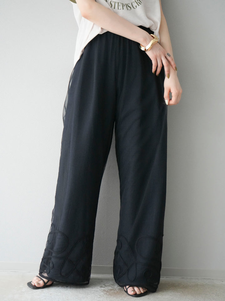 [SET]シアーフライス ロゴプリントT +コード刺繍チュールレイヤードパンツ(2set)