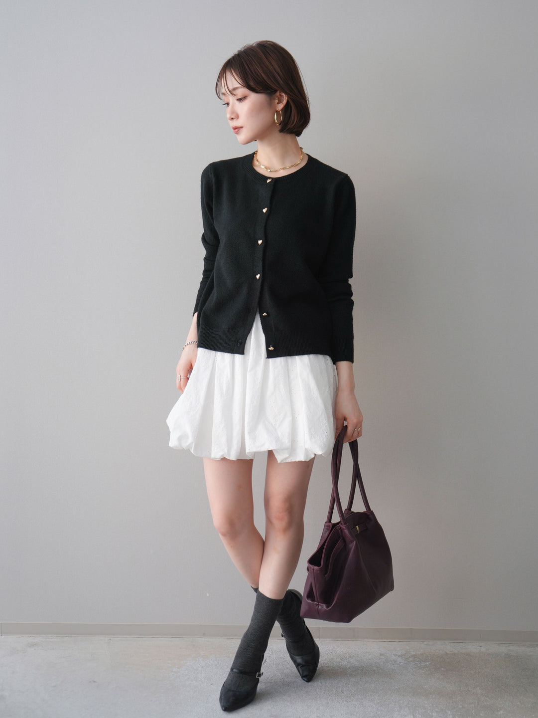 [SET]ハートボタンニットカーディガン+コットンライクレースバルーンミニスカート(2set)