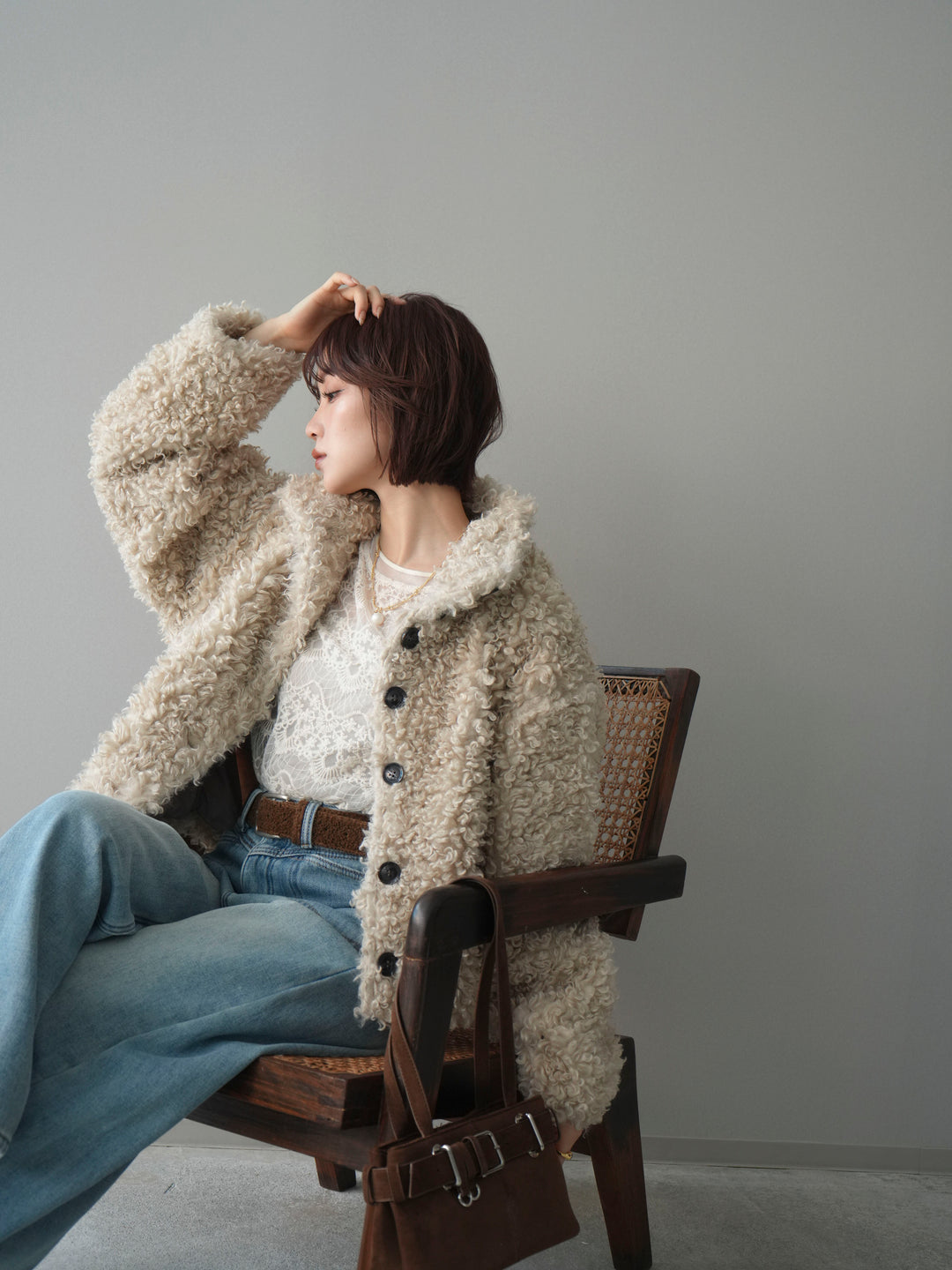 [SET]プードルファーミドルスタンドブルゾン+チュールレーストップス+ベルト付裏起毛カーブデニムパンツ(3set)