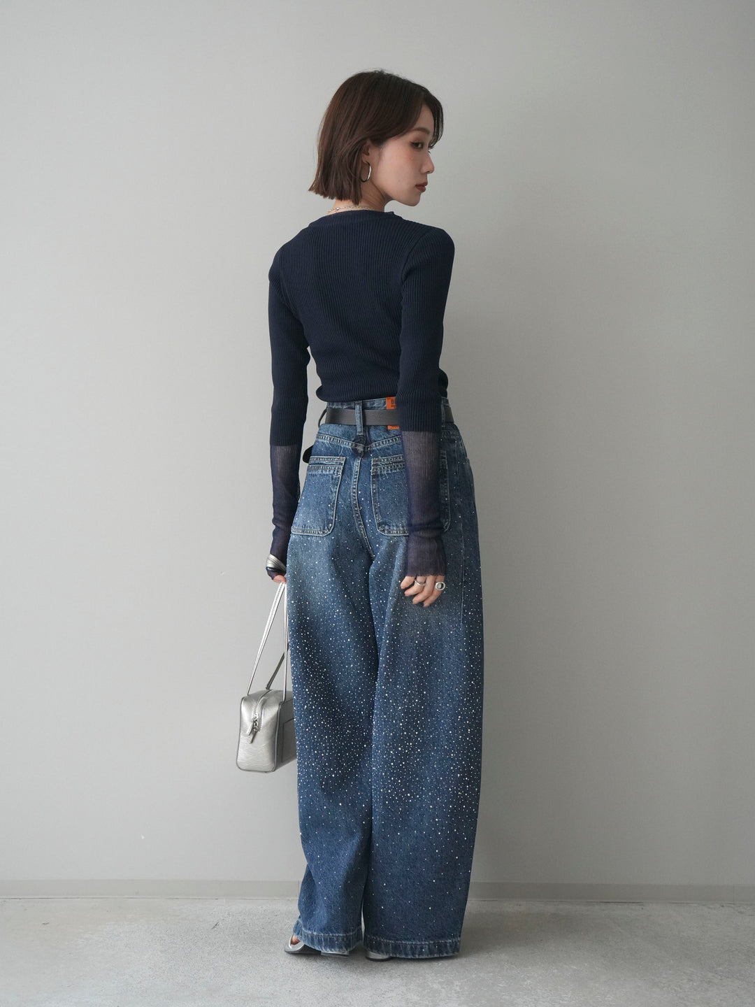 [SET]リブラメシアー切替リブニットトップス+ラインストーンカーブデニムパンツ(2set)
