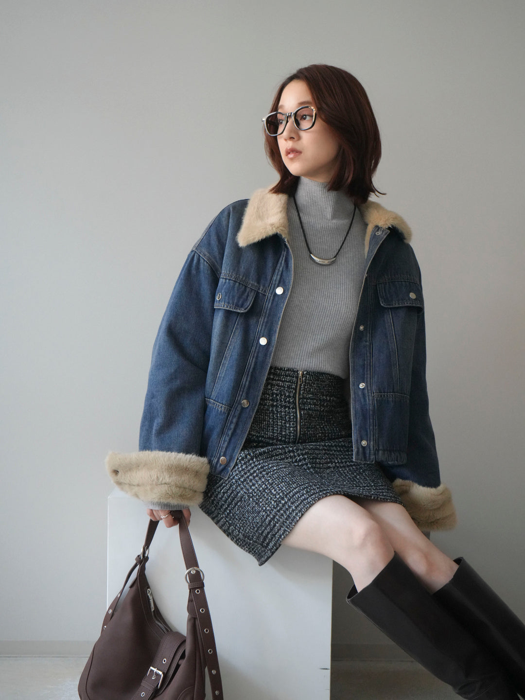 [予約]デニム×ファーステンカラーショートジャケット/blue