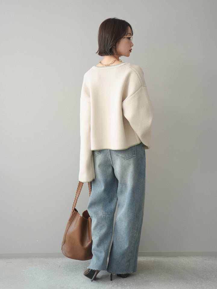 [SET]ポリエステル配色ニットカーディガン+裏起毛カットオフカーブデニムパンツ(2set)