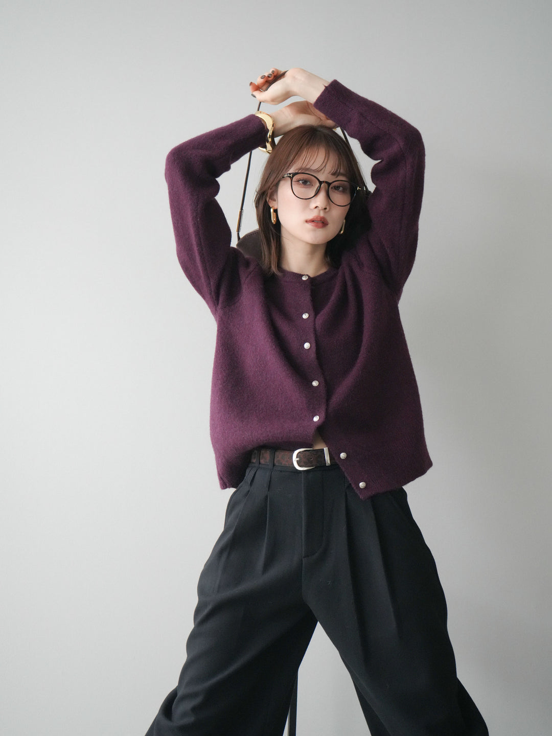 [SET]アンティークボタンニットカーディガン+アニマル柄ベルト付きウールタッチワイドパンツ(2set)