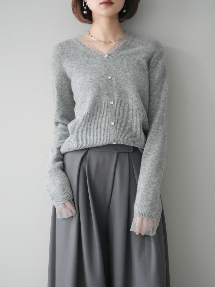 [SET]ドットチュールレイヤードボタンニットトップス+テープベルトタックバギーパンツ(2set)