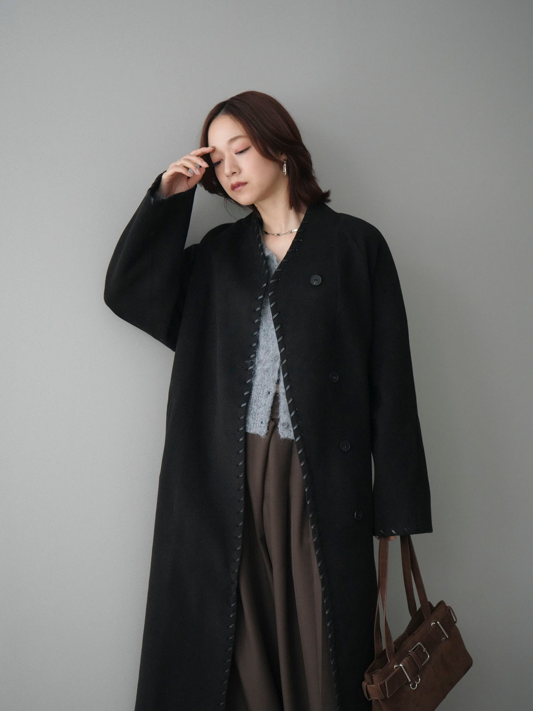 [SET]ハンドステッチ裏中綿ロングコート+テープベルトタックバギーパンツ(2set)