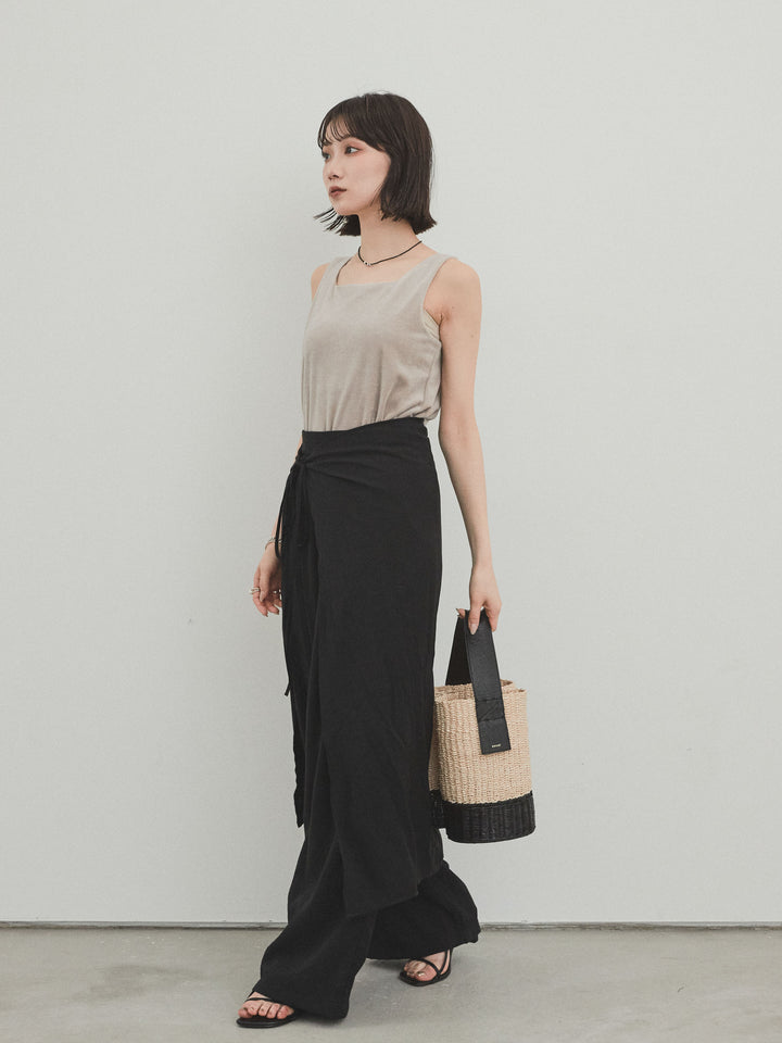 [SET]スクエアベロアタンクトップ+ワッシャーサテンレイヤードスカートパンツ(2set)