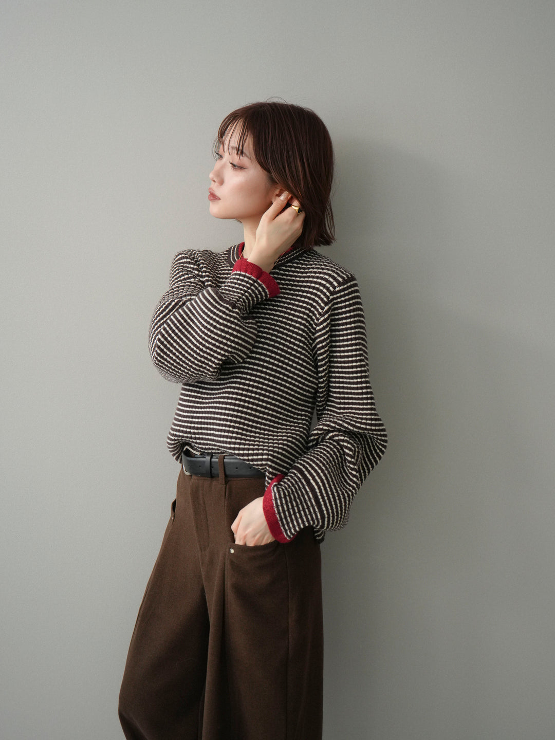 [予約]ラメ異素材ボーダーリブニットプルオーバー/brown×red