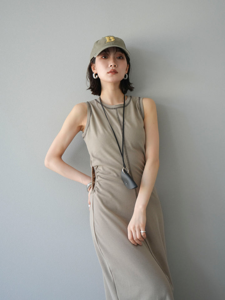 [予約]ウエストオープンステッチカットワンピース/ベージュ