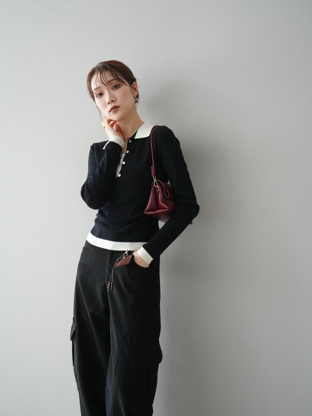 [予約]レイヤード配色ポロニットトップス/black