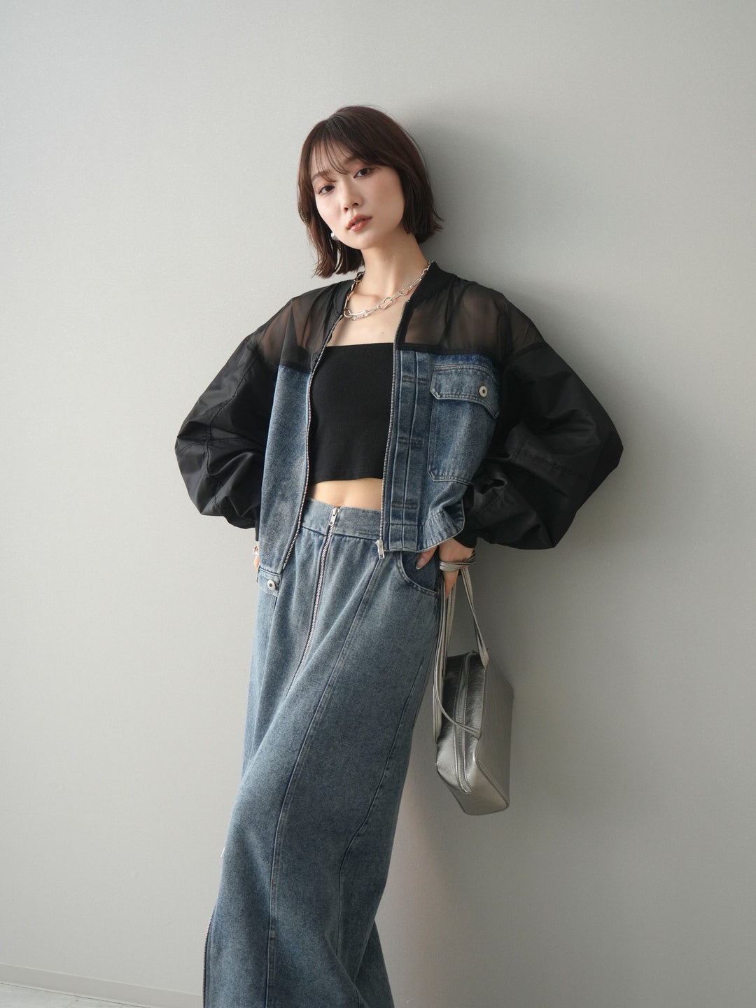 [SET]異素材デニムブルゾン+フロントジップデニムスカート(2set)