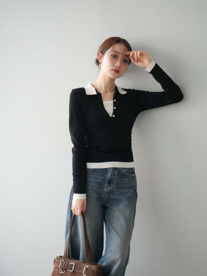 [予約]レイヤード配色ポロニットトップス/black