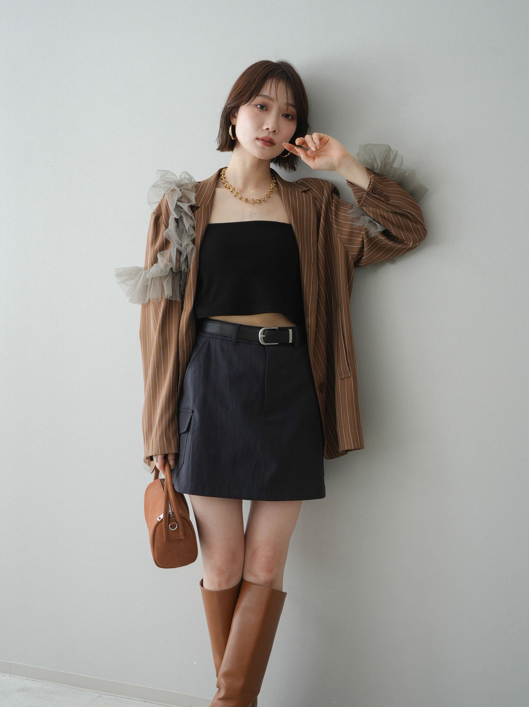 [予約]アシンメトリーチュールストライプジャケット/goldbrown