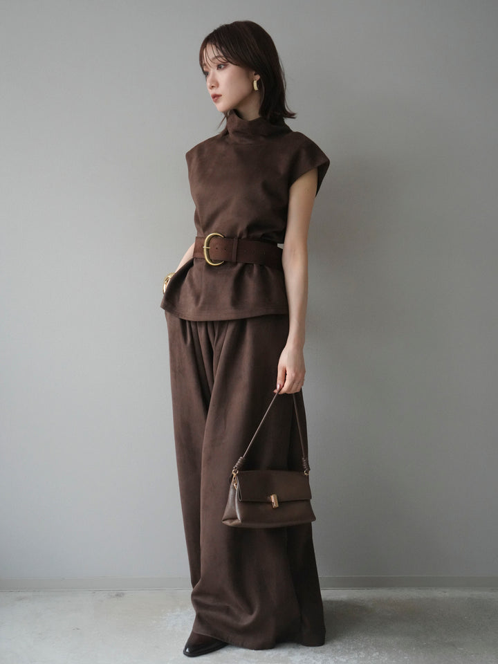[SET]ベルト付スエードハイネックプルオーバー＆ワイドパンツSET UP