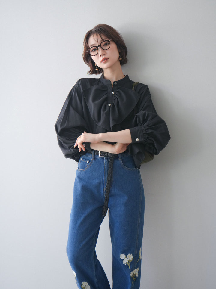 [SET]ラッフルフレアショートブラウス+フラワー刺繍ストレートデニム(2set)