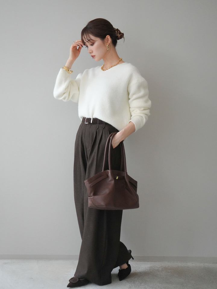 [SET]シュシュ付きアンゴラタッチVネックニットプルオーバー+アニマル柄ベルト付きウールタッチワイドパンツ(2set)